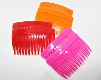 Vintage Neon Hair Comb Set of 2- Orange, Hot Pink, or Red Side Combs- Simple Plain Hair Combs- 1980s 80s Hair Accessories for Women Girls