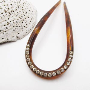 Antieke Edwardiaanse schildpad celluloid haarvork, strass kristallen, U-vormige chignon opgestoken pin, vintage art-decoaccessoire jaren 1910