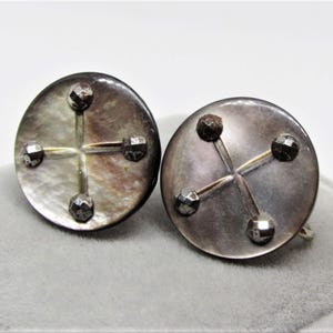 Antique Victorian Mother of Pearl Button Earrings, Round Gray Shell Scewbacks, 1800's Cut-Steel Jewelry