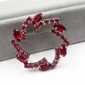 Fancy Vintage Red & Pink Rhinestone Brooch for Women- Glass Marquise / Navette Crystals- 1960s Fashion Costume Jewelry- Valentines Day Gift