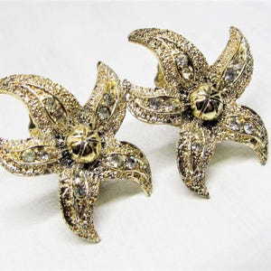 Vintage Star-Fish Earrings, Clear Rhinestone Crystals, Sand Textured, Gold Plated Clip-ons, Beach Ocean Gift, Tropical Coastal Jewelry 1950s