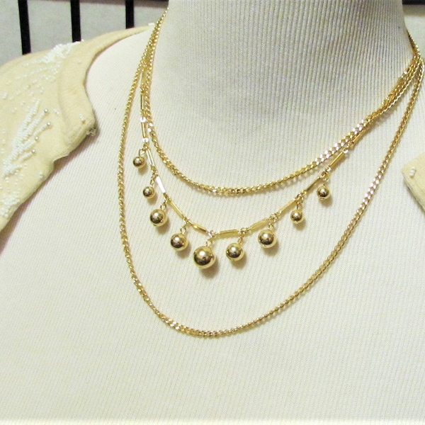 Vintage Gold Beaded Bib Necklace, Ball Charms, Triple Multi-Strand Layered Necklace, Bar Chains, Bow Clasp, 1960s Retro Modern Jewelry