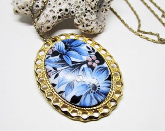 Vintage Oval Blue Floral Porcelain Cameo Pendant Necklace Brooch Pin, 24" Long Gold Teardrop Bar Chain, 70s Victorian Revival Flower Jewelry