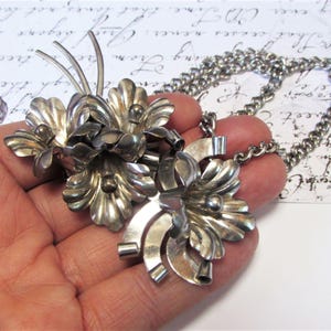 Vintage Chatelaine Brooches Set, Linked Flower Pins, Long Silver Double Chain, Cardigan Sweater Clip, Shawl Clasp, 1950&#39;s Rockabilly Jewelry
