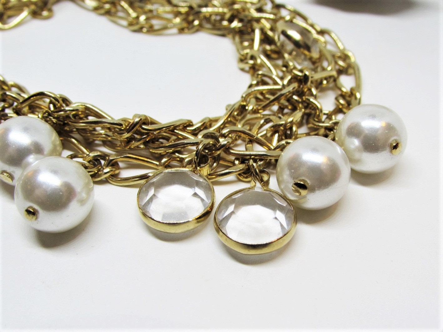 RedGarnetVintage Vintage Long Faux Pearl & Clear Bezel Set Crystal Necklace, Dangle Charms, Chunky Gold Plated Oval Link Chain, 1980s Statement Jewelry