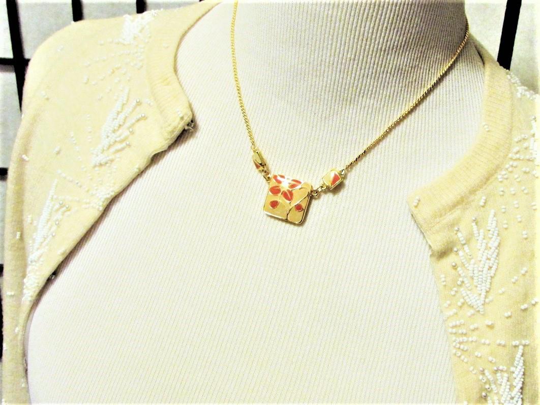 Vintage 1980s Hand Enameled Flower Necklace, Orange Floral