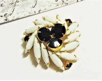 Fancy Vintage Black and White Brooch, Milk Glass Marquise / Navette Stones, Opaque Rhinestone Crystal Pin, 1960s Jewelry for Women Modern