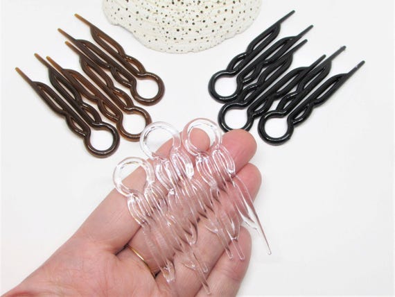 Vintage Plastic Hair Pin Set of 3- Brown, Clear or Black