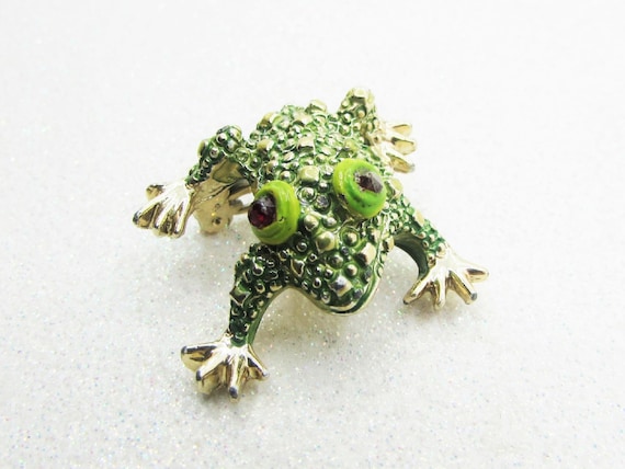 Cute Little Vintage Frog Brooch, Green Enamel & Gold Plated Pin, Animal Figural Jewelry, 1960s MCM Costume Jewelry, Gift for Frog Lover