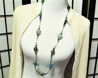 Unique Vintage Long Art Glass Bead Necklace, Blue Birds, Green Dot Spheres, Speckled Disks, Teardrops Cubes, Silver Bar Chain, 1970s Jewelry