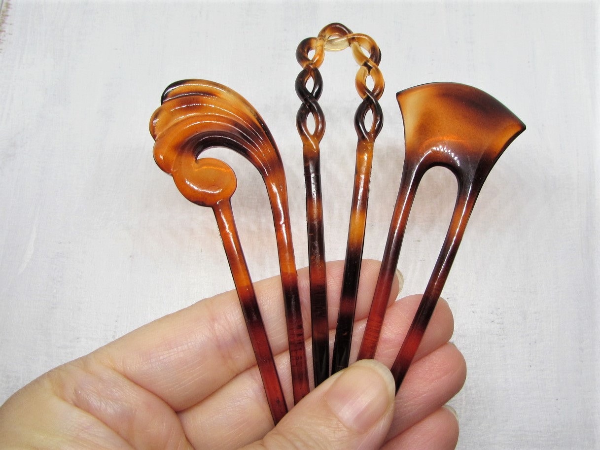 Antique Japanese metal Pearl clay fork and faux tortoise hairpin stick GS623 10 Pack Vintage Tortoise Shell Hair Forks - French Style  main image 3