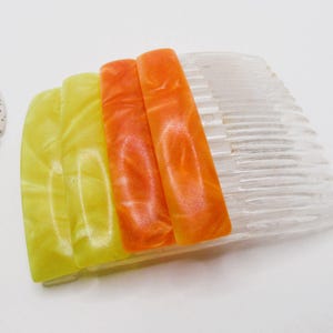 Set of 4 Vintage 1980&#39;s Neon Hair Comb- Marbled Yellow and Orange Decorative Side Combs- Womens Summer Autumn / Fall Hair Accessories