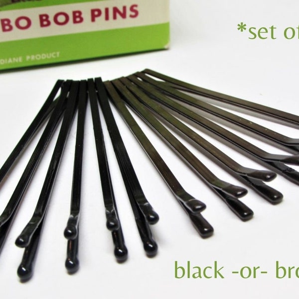 Set Jumbo Vintage 1960s Black or Bronze Bobby Pins- Extra Large Long 2.75" Roller Pin- Updo Bun Hair Pins for Women- Finger Wave Setter Clip