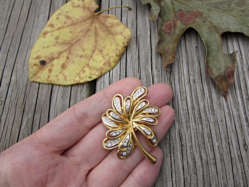 Bijoux Vintage Tree Brooch, Fancy Two-Tone Gold & Silver, Rhinestone Crystal, Leaf Cluster Pin 1970s Art Nouveau Jewelry Nature Lover Gift image 9