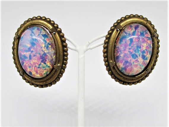 Vintage Large Confetti Pink Fire Opal Glass Center Filigree Pin Brooch 