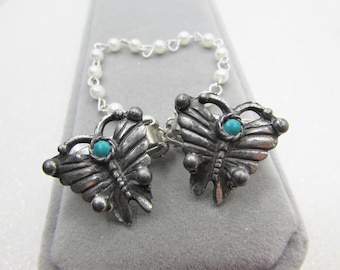 Vintage Butterfly Cardigan Sweater Guard, Pearl Beaded Chain, Shawl Clasp, Collar Clip, 1950s Jewelry
