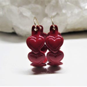 Vintage Small Red Heart Hoop Earrings, Cute Little Enamel Hoops, Gold Ear Wires, 1980s Retro MOD Jewelry, Gift for Teen Girl, Valentines Day