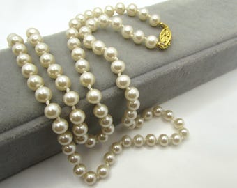 Vintage 1960s Japan 30" Long Ivory Glass Pearl Necklace, Opera Length Hand Knotted Single Strand, Wedding Bridal Jewelry, Miriam Haskel NOS