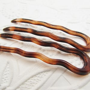Set of 2 Vintage 1970&#39;s FRENCH Hair Forks, U-Shaped Brown Tortoise-Shell Plastic, Updo Twist Chignon Bun Pins, Made in France Hair Accessory
