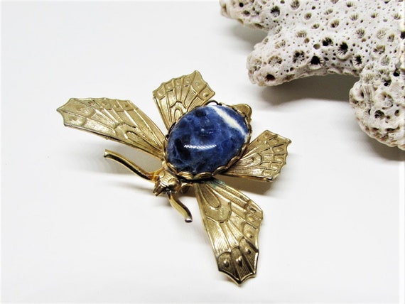 Vintage Blue Sodalite Stone Butterfly Brooch Pin,… - image 5