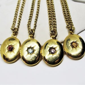 Vintage 1970s Tiny Oval Gold Locket Necklace, Simulated Garnet Amethyst Diamond Citrine Crystals, Sun Star Burst, Victorian Revival Jewelry image 1