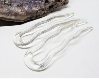 Set of 2 Vintage 1960s Designer Paul Marechal Clear Hair Forks, U-Shaped Chignon Bun Updo Pins for Silver Gray Hair, Made in Paris France