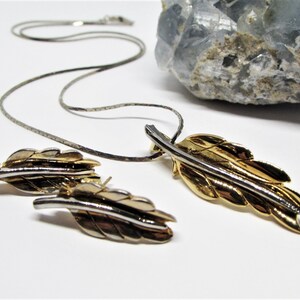 Vintage Gold & Silver Leaf Jewelry Set, Two Tone Mixed Metals, Fall Leaf Pendant Necklace, Pierced Stud Drop Earrings, 1970s Autumn Jewelry image 2