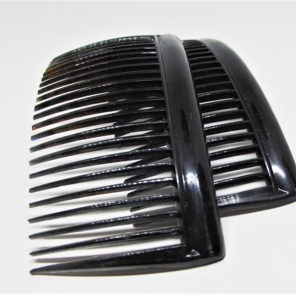Vintage FRENCH Black Hair Combs (Set of 2)- Classic Simple Everyday Plastic Side Combs- 1960s Hair Accessory for Women Girls, Made in France