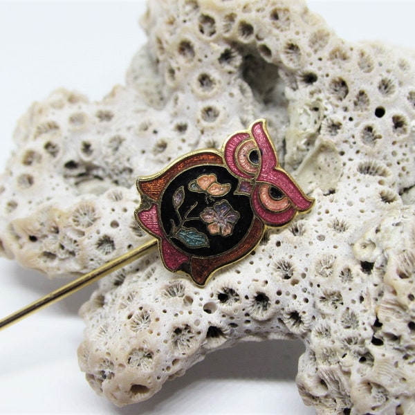 Vintage Pink & Black Owl Stick Pin- Cloisonne Enamel Flower Power Brooch- Womens Hat, Scarf, Shrug, Shawl Pin- 1970s Figural Bird Jewelry