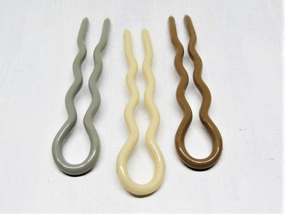 Vintage Plastic Hair Pin Fork Set- Light Brown, Cr