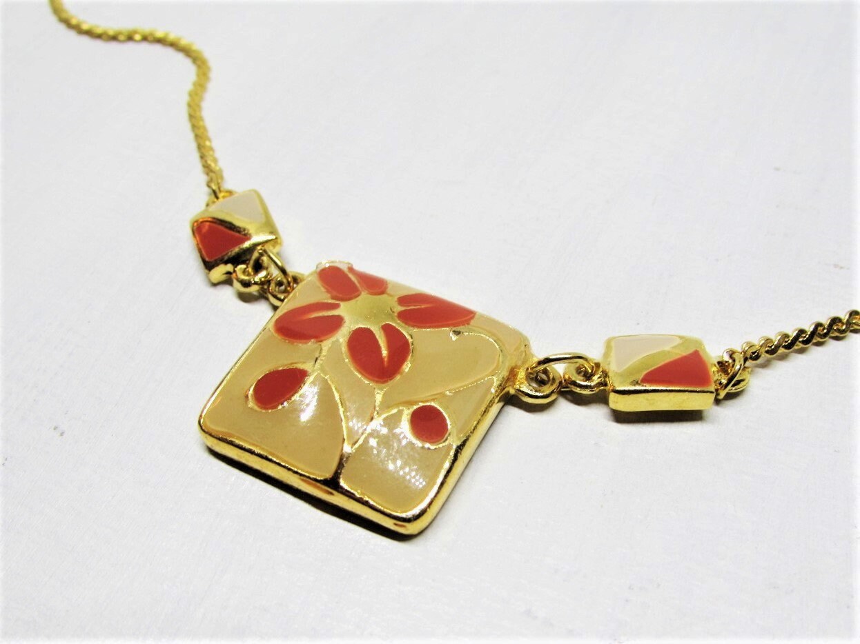 Vintage Enamel Pendant, Green Cream, Rhinestones, Flower