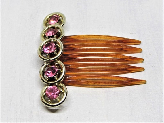 Vintage Pink Rhinestone Hair Comb, Gold Circle Ha… - image 6