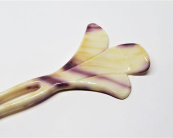 Vintage 1970s GOODY Hair Fork- Large 6" Bun Pin- Plum, Tan, Cream Leaf Comb