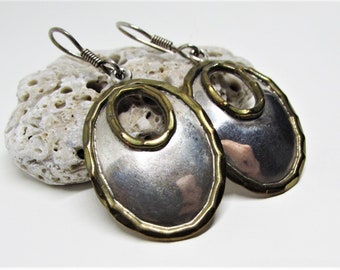 Unique Modernist Hammered Brass & Silver Door Knocker Earrings, Big Long Oval Dangles, Pierced Hooks, 1970s Brutalist Statement Jewelry