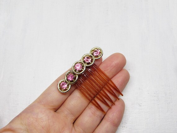 Vintage Pink Rhinestone Hair Comb, Gold Circle Ha… - image 8