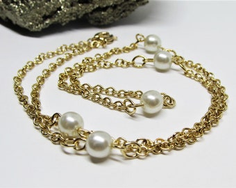 Dainty Vintage 1970s White Glass Pearl Necklace, Delicate 18" Gold Plated Cable Chain, Retro Modern Minimist Jewelry, Gift for Women Girls