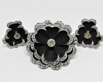 Vintage 1930s CZECH Pansy Flower Brooch & Screwback Earrings Set, Black Enameled Silver Metal, Faux Marcasites, Art Nouveau Deco Jewelry