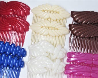 Pretty Vintage 1980s Hair Comb Set of 2- Brown, Cream, Pink, Blue, Red or White- Decorative Side Combs- Hong Kong Hair Accessory Women Girls