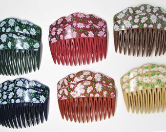 Vintage FRENCH Daisy Flower Hair Comb Set of 2, Fall Colors Floral Decorative Side Combs, Made in France, Autumn Hair Accessory for Women