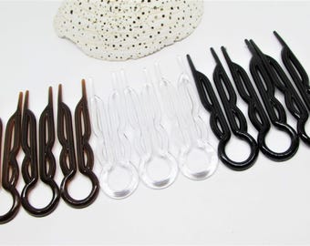 Vintage Plastic Hair Pin Set of 3- Brown, Clear or Black Forks- Chignon Bun French Twist Updo Hairpins- 90s Hair Accessory- Thin Thick Hair