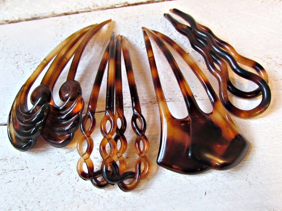 Vintage Hair Forks Set Of 2 French Hair Pins Tortoise Etsy