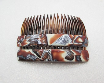 Vintage  FRENCH Snakeskin Pattern Hair Comb Set- Black Brown Cream Animal Print- Retro Fashions