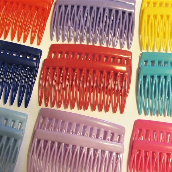 One (1) Pair of Vintage HONG KONG Hair Combs- Red Purple Pink Blue Yellow- Simple Plastic Side Combs- 1990s Hair Accessories for Women Girls