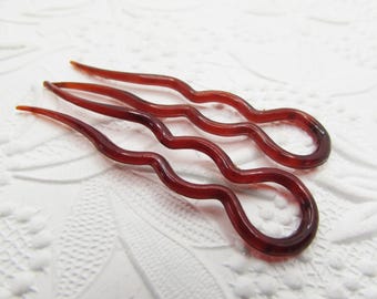 Set of 2 Vintage 1940s Brown Hair Pins, 2.5" Celluloid Plastic Tortoiseshell U-Pin, Chignon Bun French Twist Updo Pins Forks, WWII Accessory