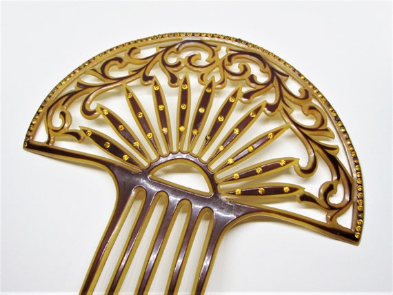 Antique Victorian Large Floral Hair Comb, Amber B… - image 2