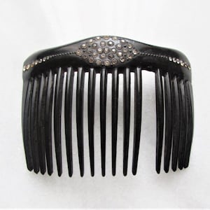 Antieke edwardiaanse strass kristallen haarkam, grote zwarte celluloid piqué punt rugkam chignon knot updo, vintage 1900 art-decoaccessoire