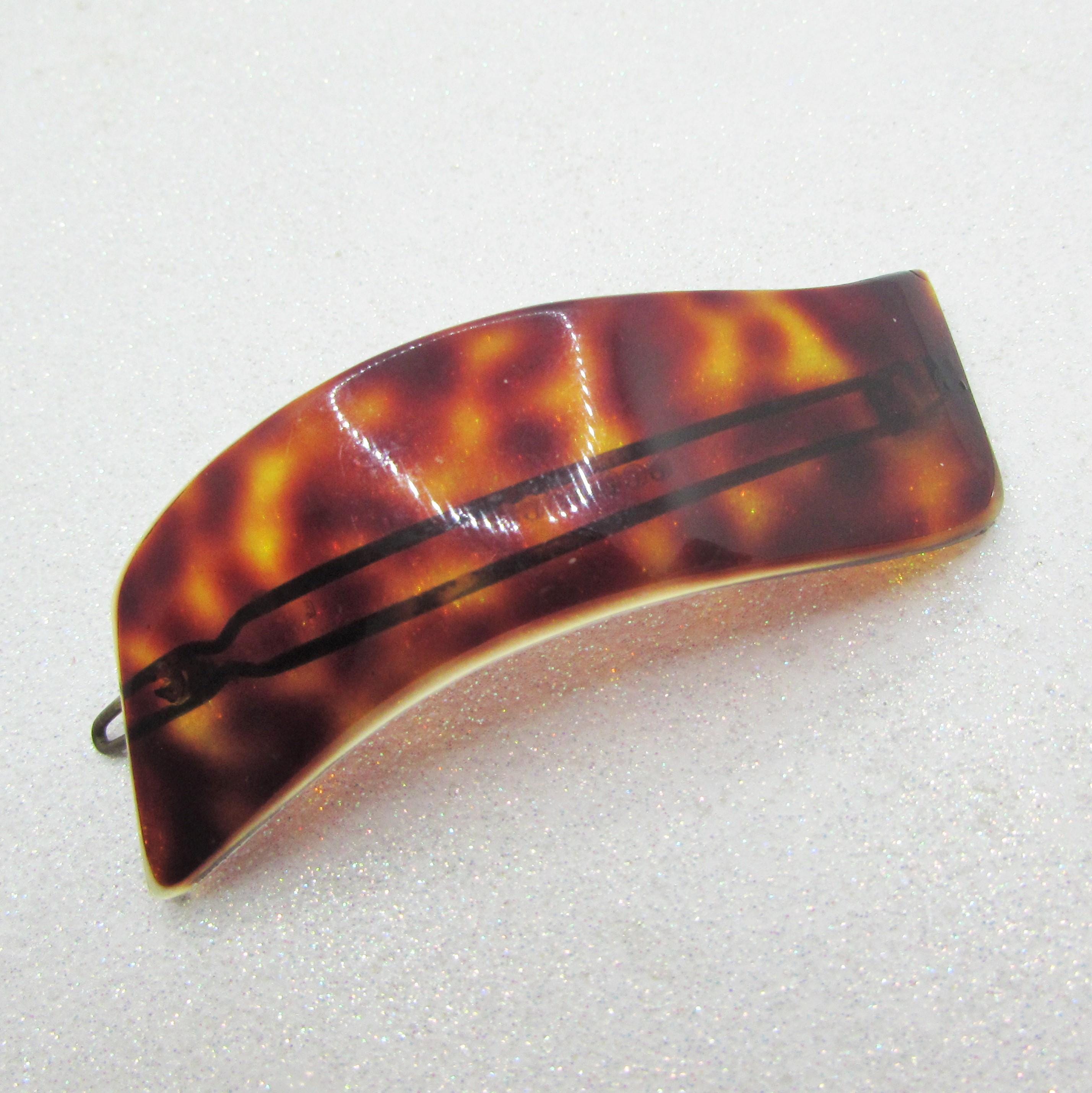 Large Vintage 1970s FRENCH Faux Tortoise Shell Barrette- Gold & Brown Curve Shape Hair Clip