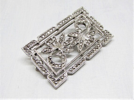 Antique Art Deco 1920s Marcasite Brooch, Floral L… - image 2