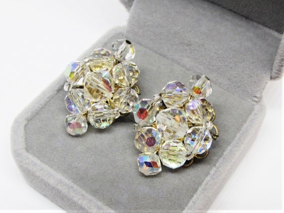 Elegant Vintage Crystal Cluster Earrings, AB Clea… - image 1