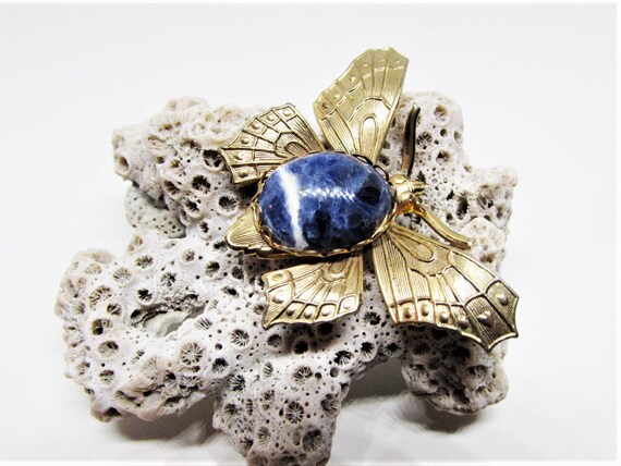 Vintage Blue Sodalite Stone Butterfly Brooch Pin,… - image 2